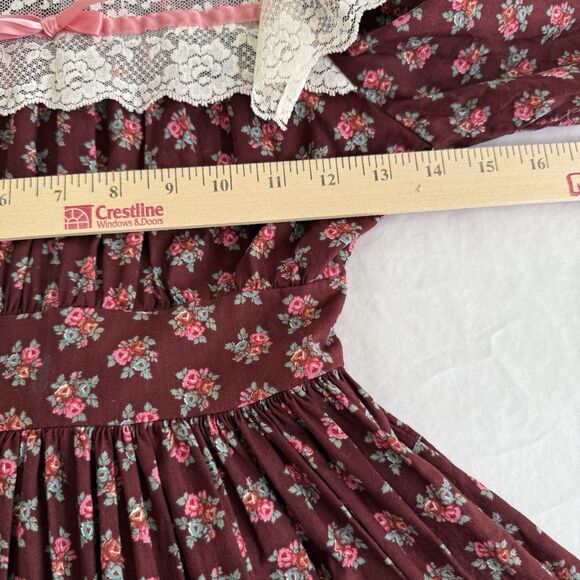 Vtg Girls Dress Mini World Sz 8 Maroon Calico Prairie Ruffle Cottagecore Lace - Picture 10 of 12